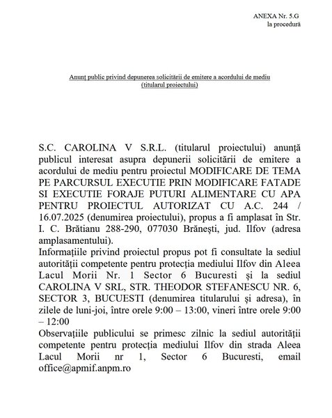 Anunt public privind depunerea solicitarii de emitere a acordului de mediu,